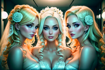 Obraz premium three brides in wedding dresses in front of a mirror