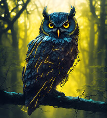 Cyberpunk owl in neon lighting, futuristic photorealistic illustration