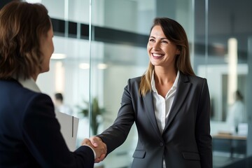 Happy mid aged business woman manager handshaking greeting client in office. generative AI