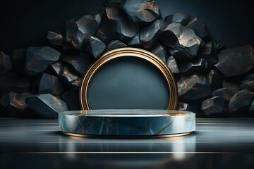 3D rendering of blue luxury abstract background. Podium for show product with blue stones. minimal design with a combination of geometric shapes, creating a perfect platform