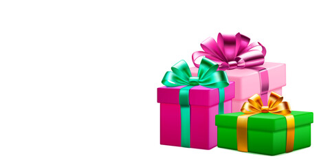 Festive illustration with three colored gift boxes with ribbons and bows on white background