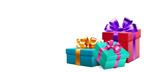 Festive illustration with three colored gift boxes with ribbons and bows on white background