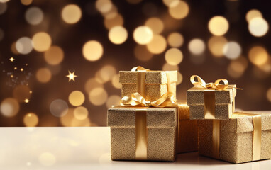 Gold gift boxes and gold glitter particles with bokeh light background