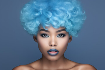 Naklejka premium Close-up shot of person wearing vibrant blue wig. Perfect for adding pop of color to any project or design.