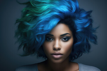 Fototapeta premium Woman with vibrant blue and green hair striking pose for picture. This image can be used for fashion, beauty, or creative projects.