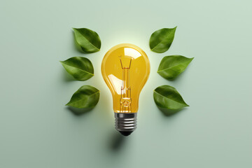 Vibrant yellow light bulb is surrounded by lush green leaves. Beauty of nature and concept of eco-friendly lighting. Sustainability, energy efficiency, or environmental themes.