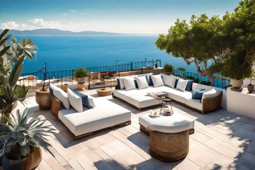 The tranquil ambiance of a Mediterranean villa's rooftop terrace, with panoramic vistas and cozy seating 