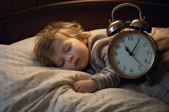 Small child peacefully sleeping in bed next to alarm clock. This image can be used to depict concept of time management or importance of good night's sleep.