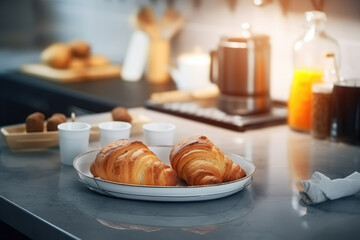 Plate of croissants sitting on counter. Perfect for bakery or breakfast themed designs.