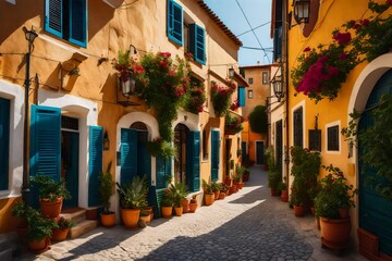 Fototapeta na wymiar A Mediterranean villa's charming village street, with outdoor cafes and colorful facades 