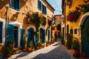 Obraz premium A Mediterranean villa's charming village street, with outdoor cafes and colorful facades 