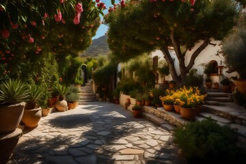 A picturesque Mediterranean garden, with stone pathways and fragrant citrus trees 