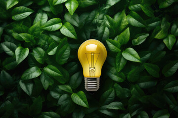 Yellow light bulb sitting on top of green leaves. This image can be used to represent creativity, growth, and environmental awareness.