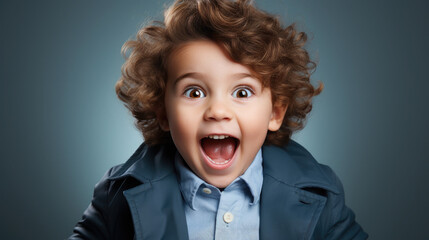 Generative AI, surprised child, little curly cute kid, cheerful toddler, emotions, shocked joyful facial expression, enthusiastic face, colorful bright background, emotional portrait