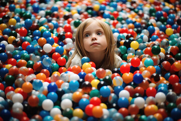 Fototapeta na wymiar Picture of little girl enjoying herself in ball pit. Perfect for illustrating joy of childhood playtime.