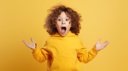 Generative AI, surprised child, little curly cute kid, cheerful toddler, emotions, shocked joyful facial expression, enthusiastic face, colorful bright background, emotional portrait