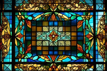The artistic details of a Craftsman-style window, featuring stained glass and leaded patterns 