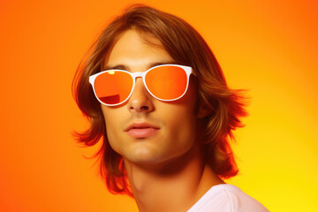 Young man wearing sunglasses poses against orange background. Perfect for fashion, lifestyle, or summer-themed projects.