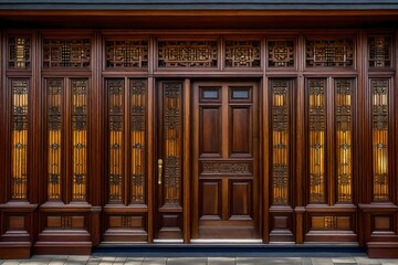 The intricate woodwork of a Craftsman-style front door, framed by sidelights and a transom window  - obrazy, fototapety, plakaty