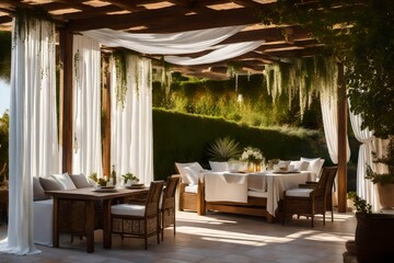 The warm, inviting ambiance of a Mediterranean villa's outdoor pergola, draped with billowing white curtains 