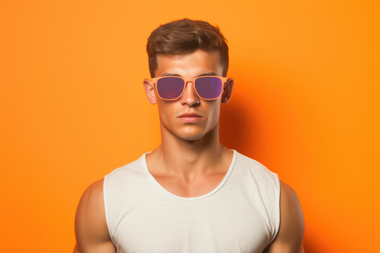 Man wearing sunglasses and white tank top. Versatile image suitable for fashion, summer, and outdoor lifestyle themes.