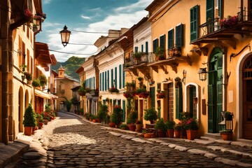 A colonial-style town square, with cobblestone streets, historic facades, and the buzz of daily life in a charming village 