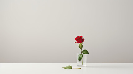 A minimalist scene: a single rose on a clean, white desk. AI generative