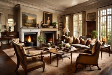 The classic elegance of a Colonial living room, with antique furnishings and a roaring fireplace 