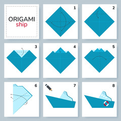 Ship origami scheme tutorial moving model. Origami for kids. Step by step how to make a cute origami water transport. Vector illustration.