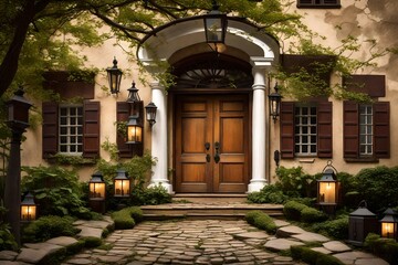 The inviting entryway of a Colonial home, with a grand wooden door, flanked by antique lanterns, and a cobblestone path 