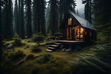A serene view from the windows of a tiny home, showcasing the beauty of a remote wilderness...