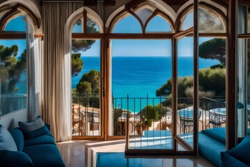 A serene view from the windows of a Mediterranean villa, capturing the sparkling blue waters of the Mediterranean Sea 