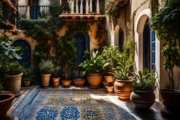 Fototapeta na wymiar The classic details of a Mediterranean villa's courtyard, with decorative tiles and fragrant herbs 