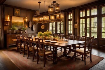 The inviting ambiance of a Colonial dining room, with a long wooden table, vintage chandeliers, and a warm, welcoming atmosphere 