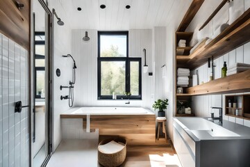 The efficient design of a tiny home's bathroom, with a space-saving shower and clever storage 