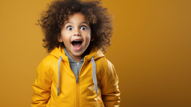 Generative AI, surprised child, little curly cute kid, cheerful toddler, emotions, shocked joyful facial expression, enthusiastic face, colorful bright background, emotional portrait