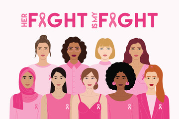 Breast Cancer Awareness Month. We fight together phrase. Diverse women with pink ribbons on chest stand together against cancer. Cancer prevention, women health vector illustration