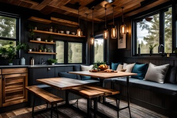 Naklejka premium The elegance of a tiny home's dining area, with a custom-built table and seating for two 