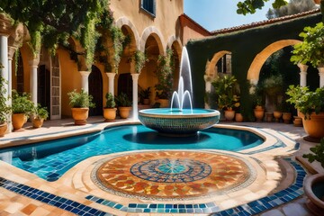 Fototapeta na wymiar The inviting courtyard of a Mediterranean villa, featuring a tranquil fountain and colorful mosaic tiles 