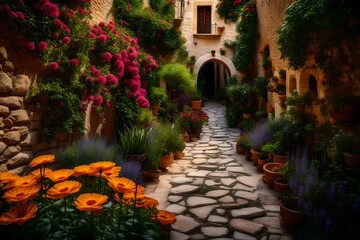 Fototapeta na wymiar A serene Mediterranean garden path, bordered by vibrant flowers and ancient stone walls 