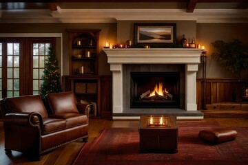 An elegant Craftsman-style fireplace, with a handcrafted mantle and cozy seating for a relaxing evening 