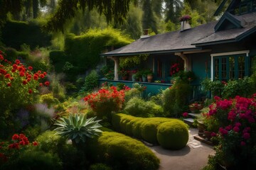A serene garden view from the windows of a Craftsman home, with lush foliage and vibrant flowers 