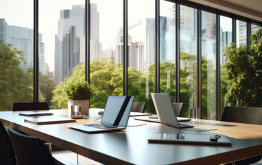 Meeting room and workplace with notebook laptop comfortable work table in office windows