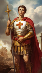 Image of Saint Expedite looking at the sky holding the cross. Devotion to St Expeditus. 
