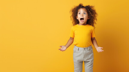 Generative AI, surprised child, little curly cute kid, cheerful toddler, emotions, shocked joyful facial expression, enthusiastic face, colorful bright background, emotional portrait - obrazy, fototapety, plakaty