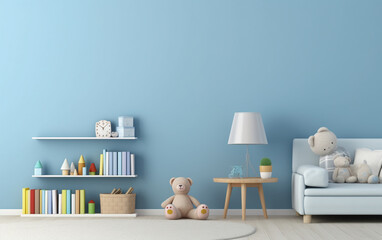 Mock up posters in child room interior, posters on empty blue wall background