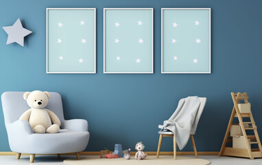 Mock up posters in child room interior, posters on empty blue wall background