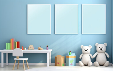 Mock up posters in child room interior, posters on empty blue wall background