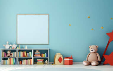 Mock up posters in child room interior, posters on empty blue wall background