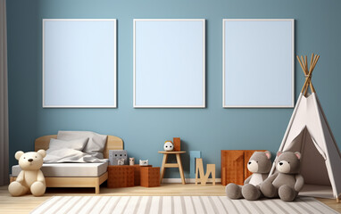 Mock up posters in child room interior, posters on empty blue wall background